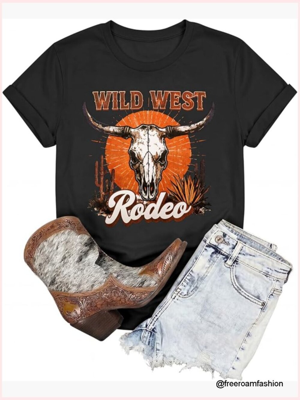 Vintage Cowgirl Graphic Tee Rodeo Cow Skull Country Music T Shirt